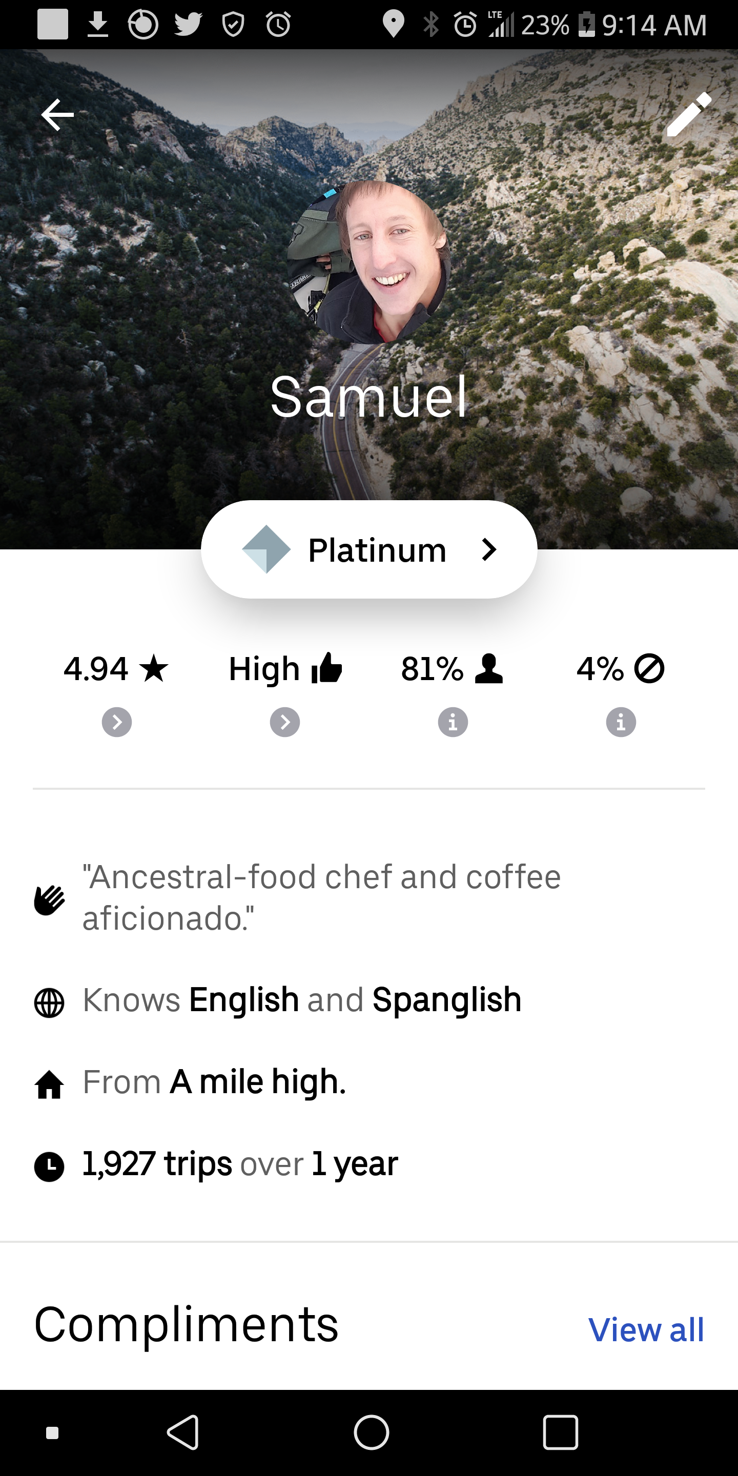 Screenshot of Sam's Uber driver profile showing a 4.94 customer rating and 1,927 trips given.